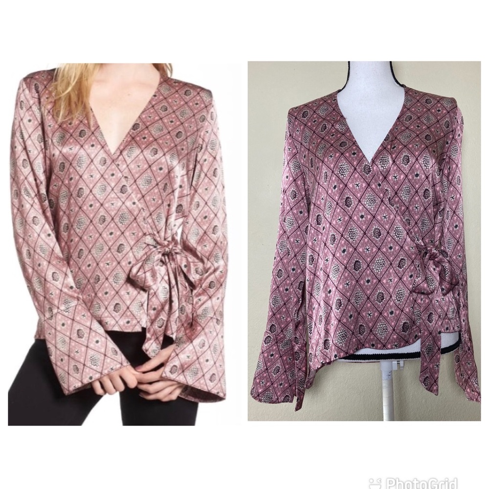 Chelsea28 Wrap Tie Pink diamond Printed Bell Sleeves Top Satin